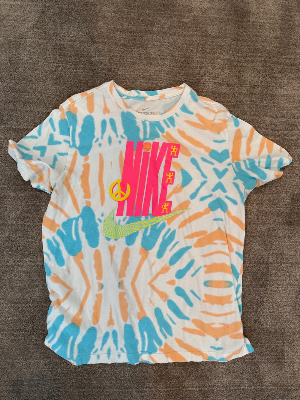 Nike Short-Sleeve Tie-Dye Tee in Blue, Peach & Neon Pink